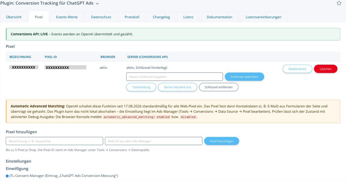 Reiter Pixel mit Statusbanner „Conversions API: LIVE“, eingetragenem Pixel und hinterlegtem Schlüssel