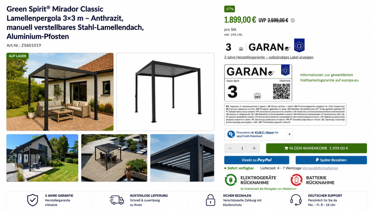 Produktdetailseite im JTL-Shop mit GARAN-Garantielabel, QR-Code sowie Symbolen für Elektrogeräte- und Batterie-Rücknahme