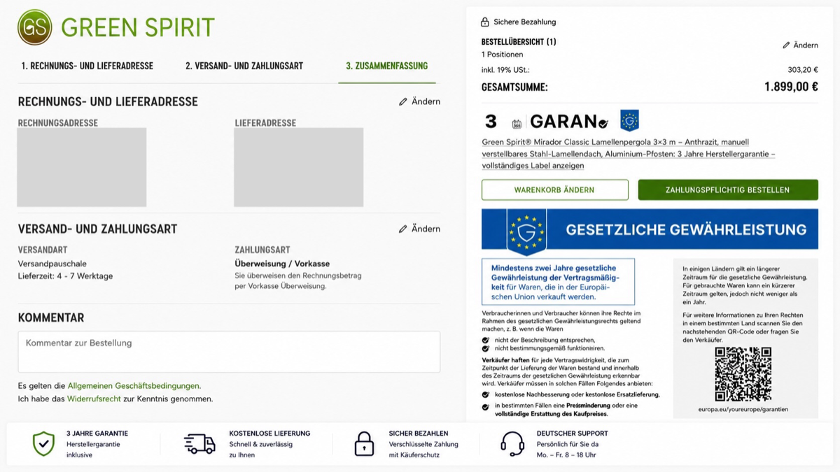 Checkout-Zusammenfassung im JTL-Shop: GARAN-Label an der Bestellposition und Banner „Gesetzliche Gewährleistung" mit QR-Code zu europa.eu