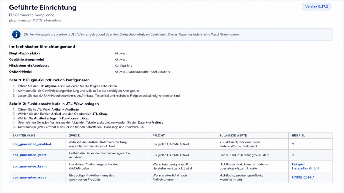 Geführte Einrichtung der ECC Labels: technischer Einrichtungsstand und Tabelle der in JTL-Wawi anzulegenden Funktionsattribute wie ecc_guarantee_enabled