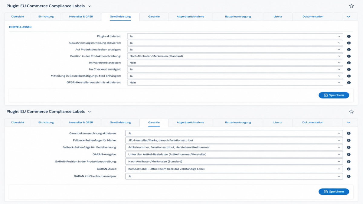 Backend-Einstellungen der EU Commerce Compliance Labels: Tabs Gewährleistung und Garantie mit wählbaren Anzeigeorten und Fallback-Reihenfolgen