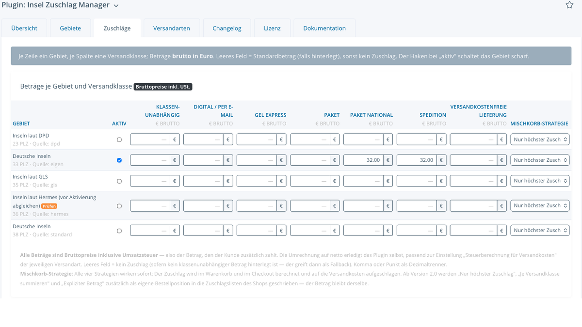 Zuschlagsmatrix im Backend: je Zeile ein Gebiet, je Spalte eine Versandklasse, Beträge brutto in Euro, Aktiv-Haken und Mischkorb-Strategie je Gebiet