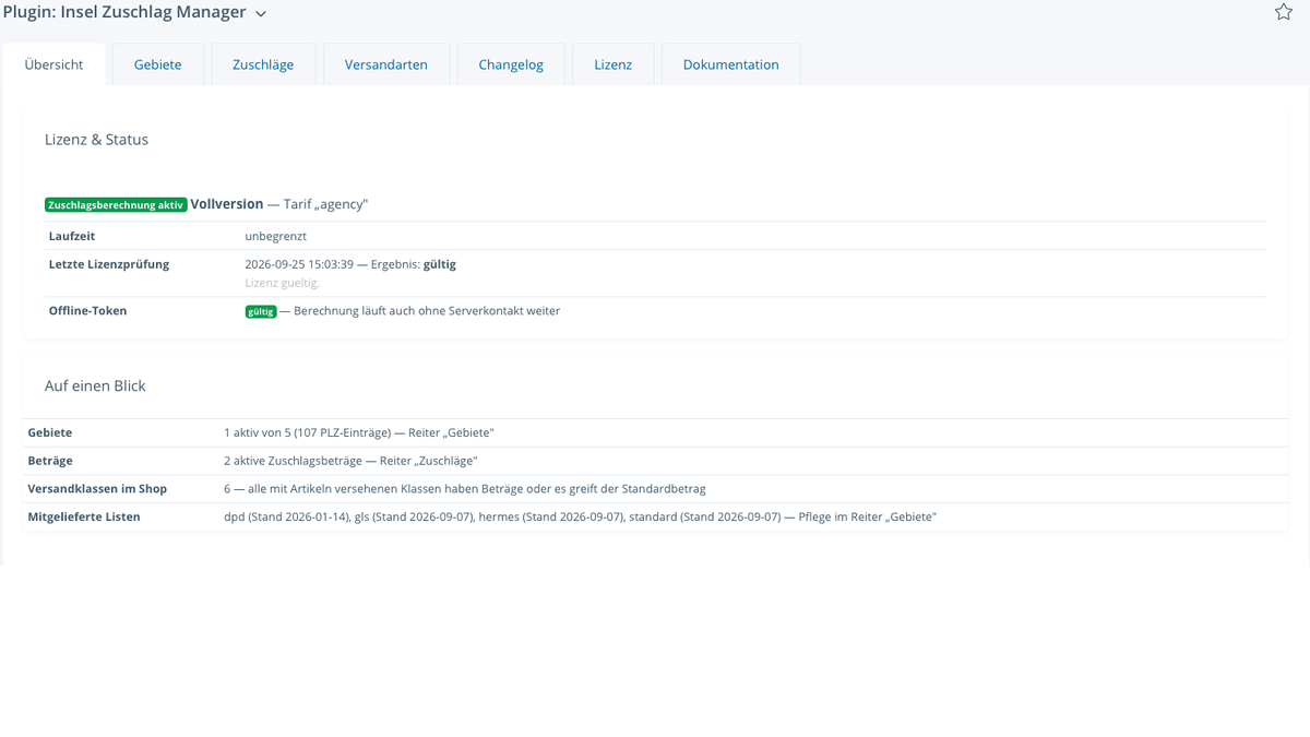 Übersicht des Plugins mit der Karte Lizenz und Status („Zuschlagsberechnung aktiv“, Laufzeit, letzte Lizenzprüfung, Offline-Token) und der Karte „Auf einen Blick“