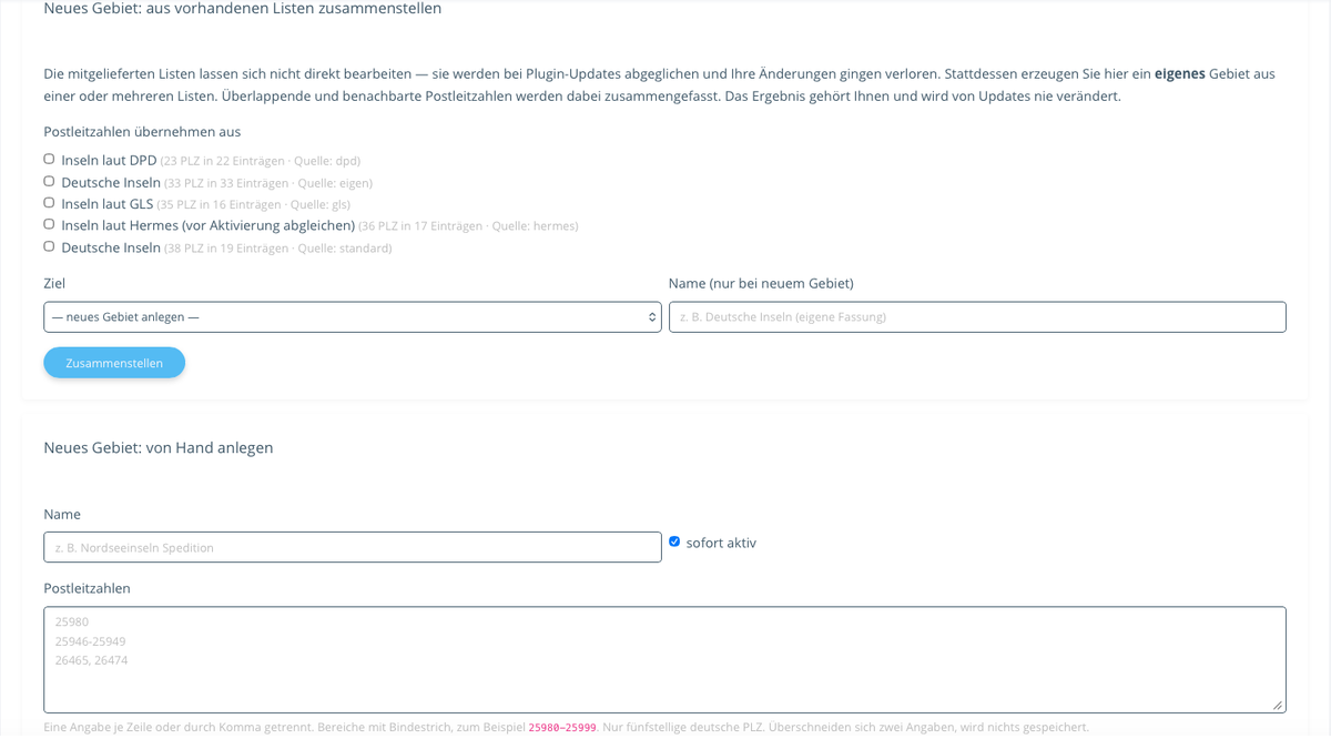 Formulare „Gebiet aus vorhandenen Listen zusammenstellen“ und „Gebiet von Hand anlegen“
