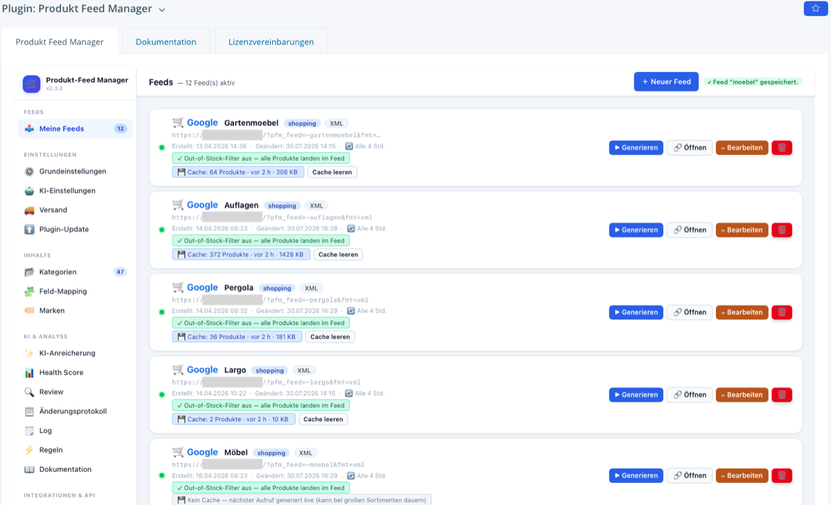 Produkt-Feed-Manager-Backend: Übersicht „Meine Feeds" mit zwölf aktiven Google-Shopping-Feeds samt Cache-Status und Generieren-Buttons