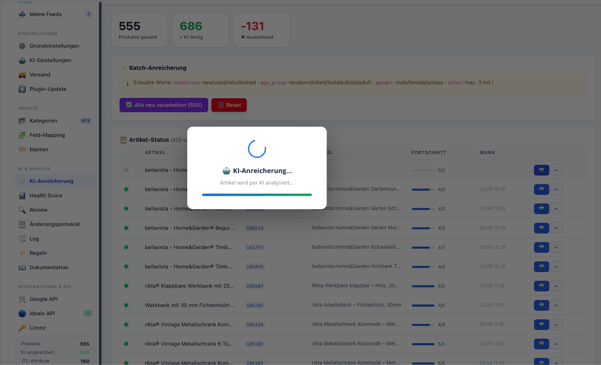 KI-Anreicherung im Produkt Feed Manager: Batch-Verarbeitung mit Fortschrittsanzeige und Artikelliste mit Original- und KI-optimierten Titeln