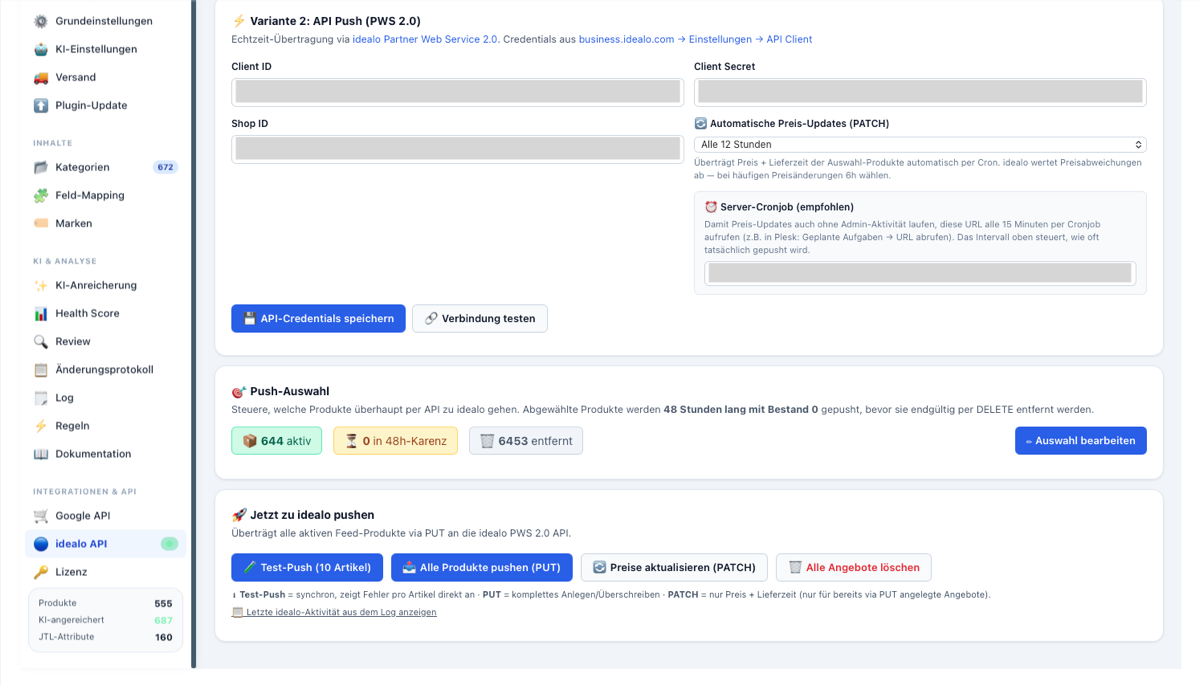 idealo-API-Integration im Feed Manager: automatische Preis-Updates per PATCH mit Server-Cronjob, Push-Auswahl und Test-Push für Produkte