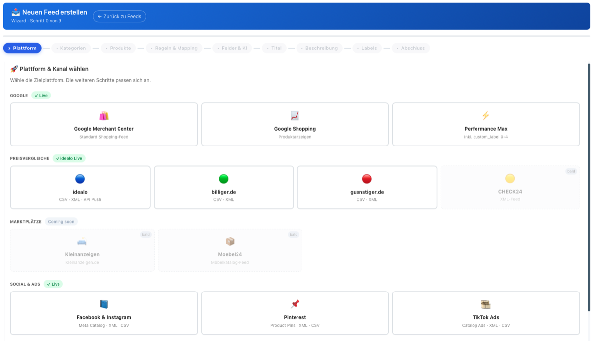Wizard-Schritt „Plattform & Kanal wählen" im Feed Manager: Kacheln für Google, Preisvergleiche wie idealo, Marktplätze sowie Social & Ads