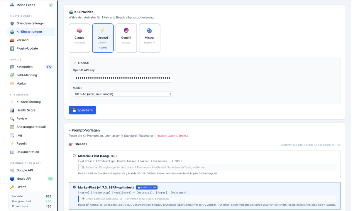KI-Einstellungen im Feed Manager: Auswahl des KI-Providers (Claude, OpenAI, Gemini, Mistral) und Prompt-Vorlagen mit wählbarem Titel-Stil