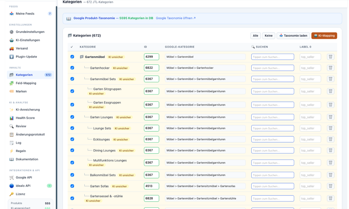 Kategoriebaum im Feed Manager: 672 JTL-Kategorien mit Zuordnung zur Google-Produkt-Taxonomie, Such- und Label-Feldern sowie KI-Mapping-Button