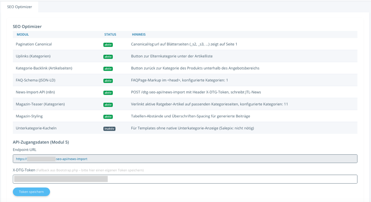 SEO-Optimizer-Backend: Modulübersicht mit Status je Modul — Pagination Canonical, Uplinks, Kategorie-Backlink, FAQ-Schema und News-Import-API aktiv