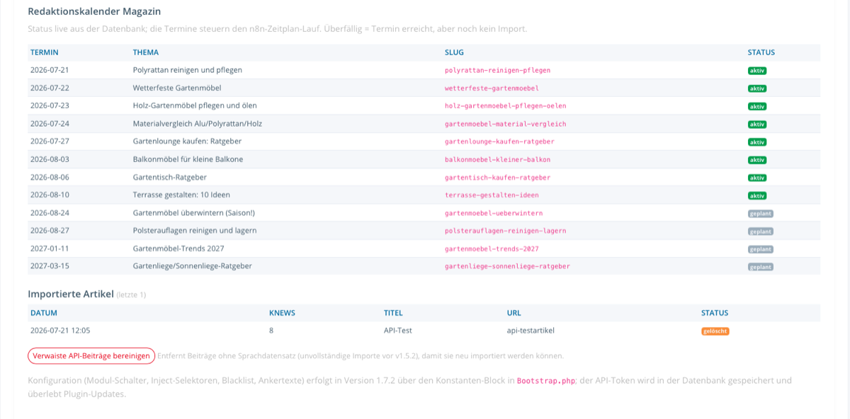 Redaktionskalender des SEO Optimizers: Magazin-Beiträge mit Termin, Thema, Slug und Status (aktiv/geplant) sowie Liste importierter Artikel